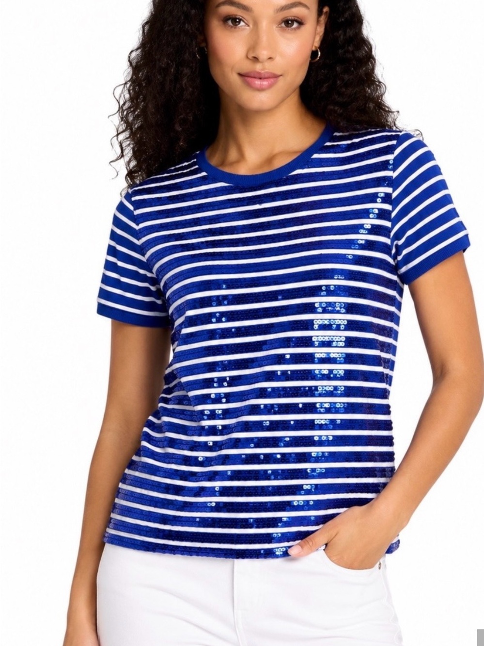Ralph Lauren Striped Sequin Tee in Blue & White
